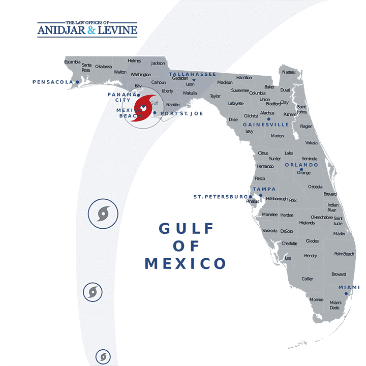 A map of Florida and the Gulf of Mexico with the landfall of Hurricane Michael overlaid upon it from the Law Offices of Anidjar & Levine.