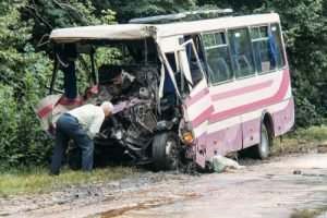 a badly wrecked bus