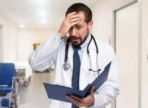 doctor looking frightened at file