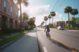 A cyclist riding down a Jacksonville street at dusk.