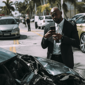 A Miami car accident scene where a well-dressed driver takes a picture of his damaged car.