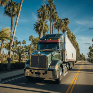 An 18-wheeler truck driving down a palm-tree-lined street in Jacksonville, FL.