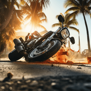 Low angle of a tipped motorcycle after an accident on a Miami street.