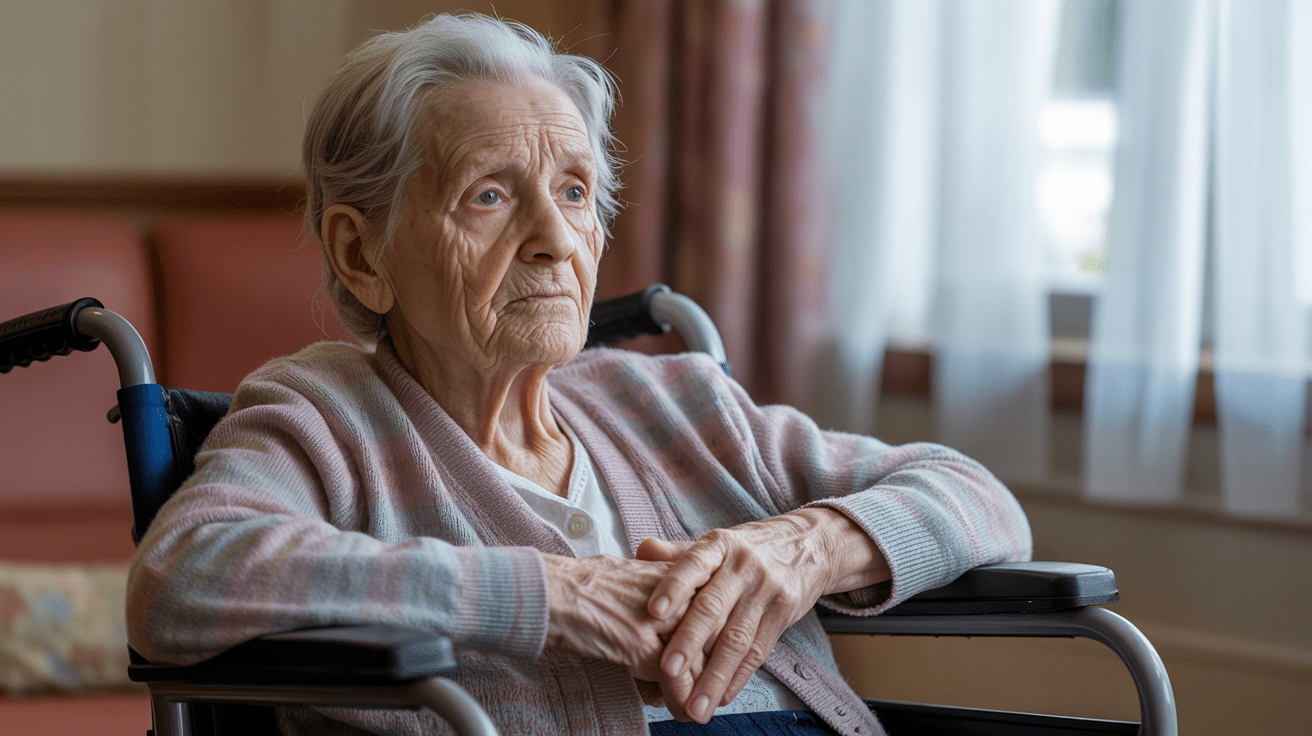 nursing home resident in a wheelchair looking solemn