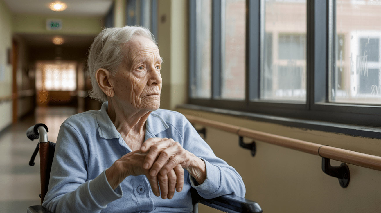 nursing home resident in a wheelchair looking solemn