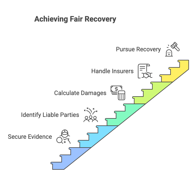 Throughout, we keep you informed and respect your priorities. Secure evidence and identify all liable parties Calculate damages and document necessary care Handle insurers, filings, and strict deadlines Pursue fair recovery through negotiation or trial