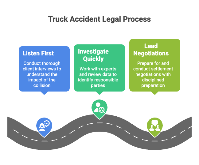 We listen first, using thorough client interviews to understand how the collision disrupted your work, family responsibilities, and service to your community. We investigate quickly, working with qualified experts, reviewing route data, and identifying all responsible companies, insurers, or contractors involved. We lead settlement negotiations with disciplined preparation, presenting clear damage support, pushing back on unfair tactics, and advising you when an offer fails to reflect the full impact.