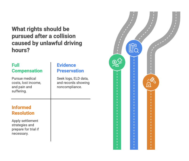 What rights should be pursued after a collision caused by unlawful driving hours?