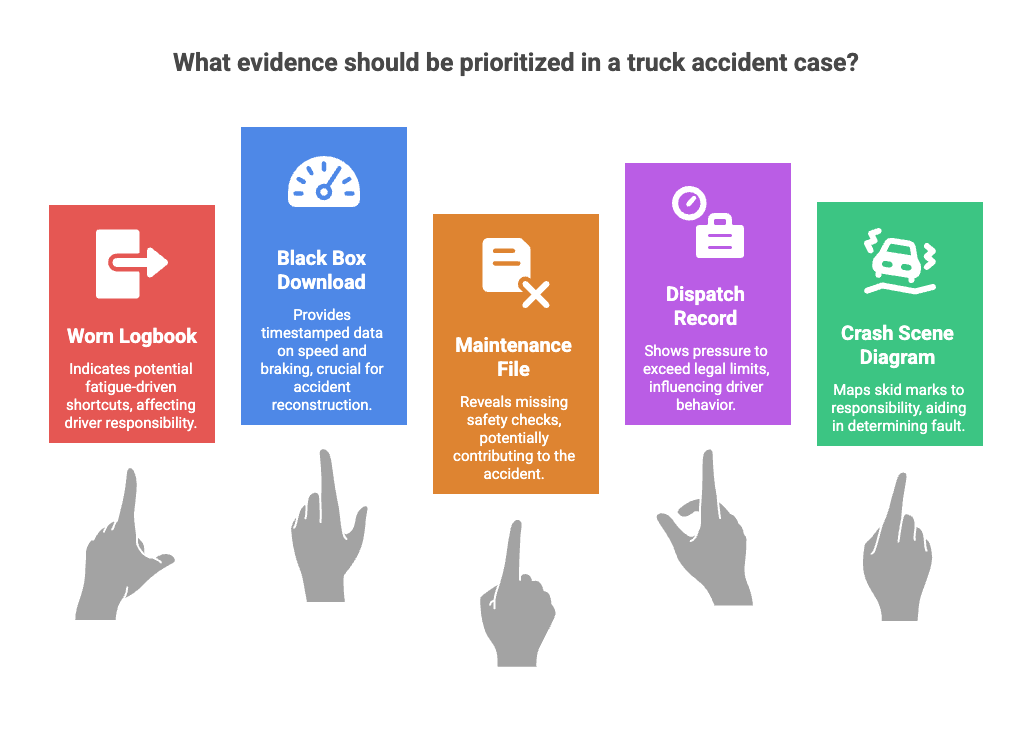 What evidence should be prioritized in a truck accident case?