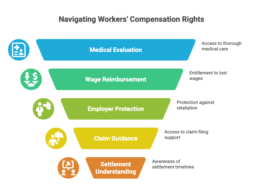 Right to a thorough medical evaluation and timely treatment without fear of job loss. Entitlement to lost wages and reimbursement for out‑of‑pocket expenses. Protection against employer retaliation when reporting the incident. Access to claim-filing guidance that respects statutory deadlines. Understanding settlement timelines to avoid forfeiting rights due to missed filing periods.