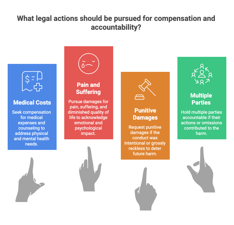 ¿Qué acciones legales se deben seguir para obtener compensación y responsabilidad?