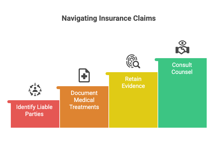 Identify liable parties and their insurance coverage. Document all medical treatments and related costs. Retain original accident scene evidence and communications. Consult experienced counsel to evaluate claim value and pursue settlement.