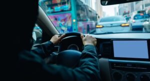 People driving car on city road