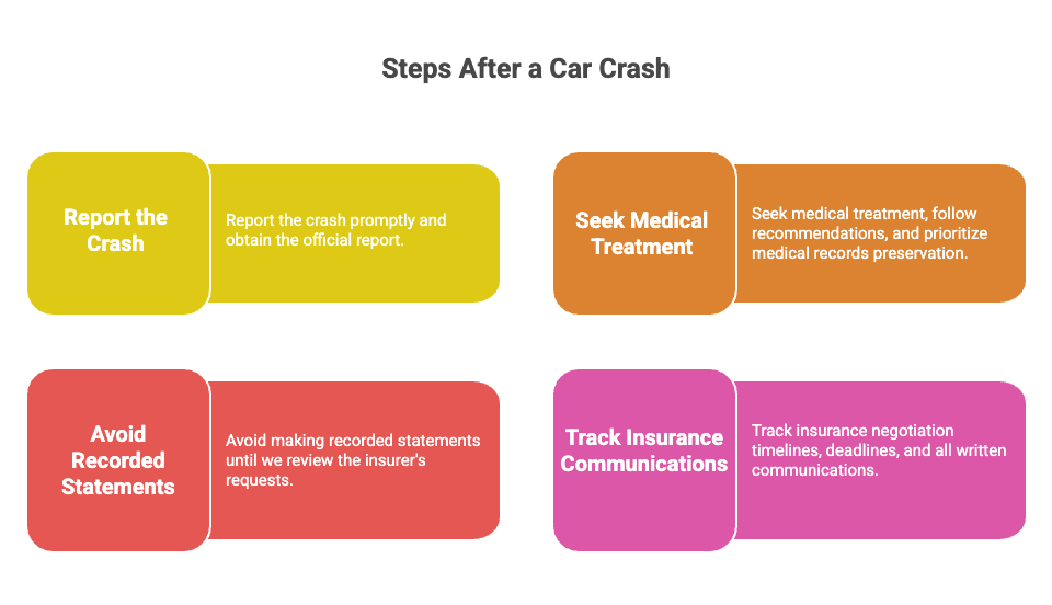 Report the crash promptly and obtain the official report. Seek medical treatment, follow recommendations, and prioritize medical records preservation. Avoid making recorded statements until we review the insurer's requests. Track insurance negotiation timelines, deadlines, and all written communications.