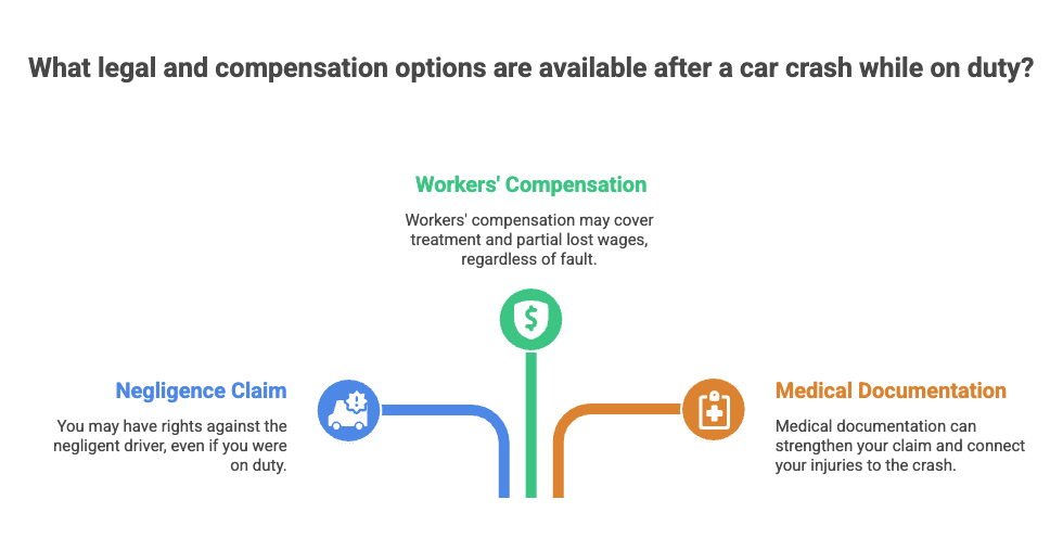 What legal and compensation options are available after a car crash while on duty?