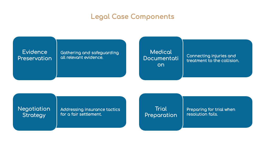 Evidence Preservation, including photographs, repair records, witness details, and crash reports. Medical Documentation that connects injuries, treatment needs, and ongoing limitations to the collision. A Negotiation Strategy designed to address insurance tactics and pursue a fair settlement. Trial Preparation when responsible parties refuse to resolve the claim appropriately.